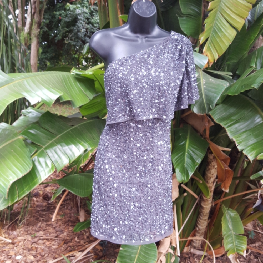 AidanMattox silver sequin assymetric dress